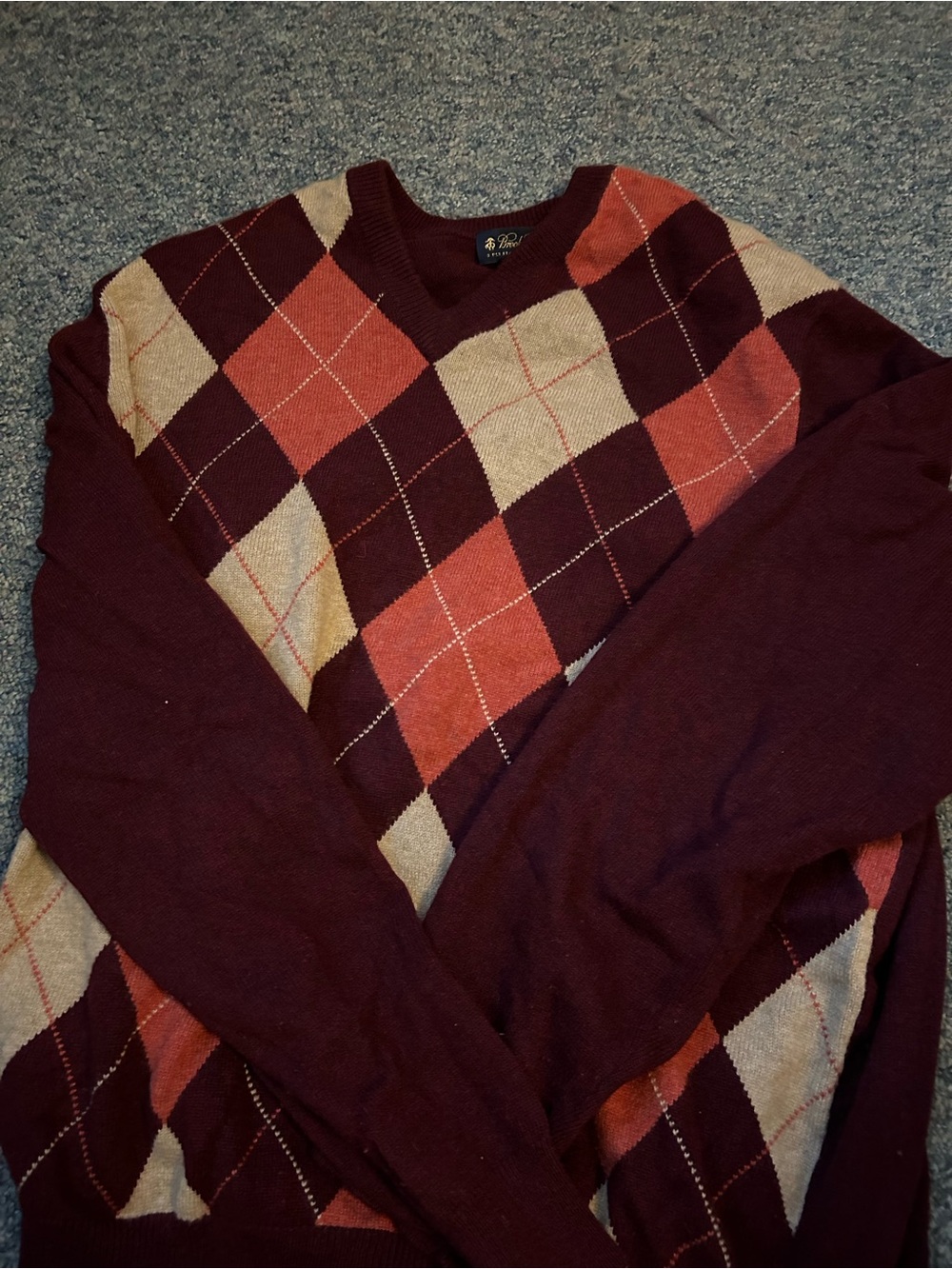 Brooks Brothers Burgundy Argyle Crewneck Sweater with Orange and Cream Diamonds